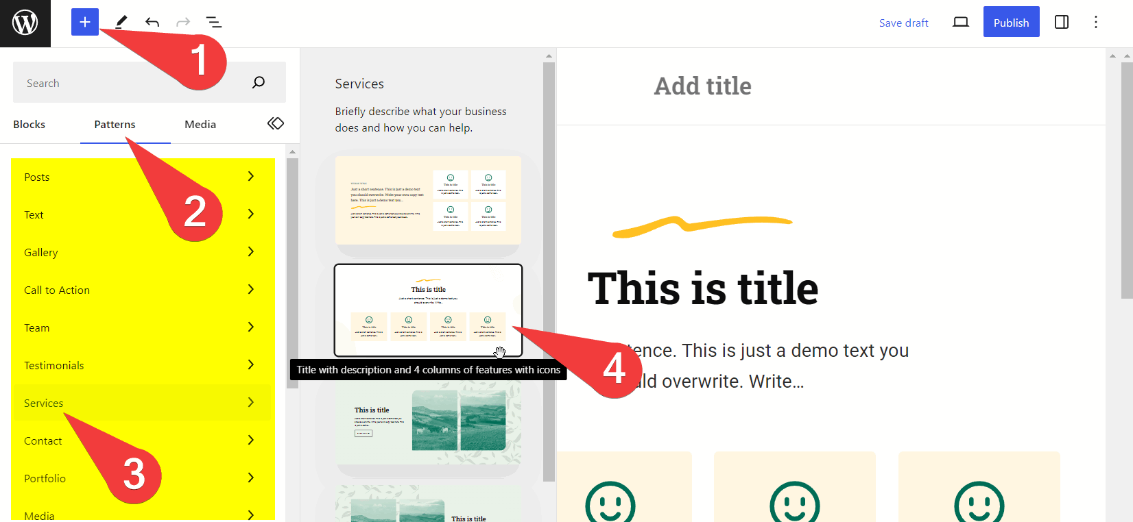 Adding a block pattern into page/post content