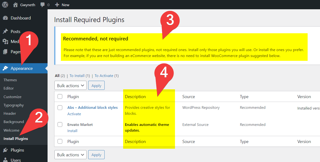 Plugins recommendation page example: Recommended, not required